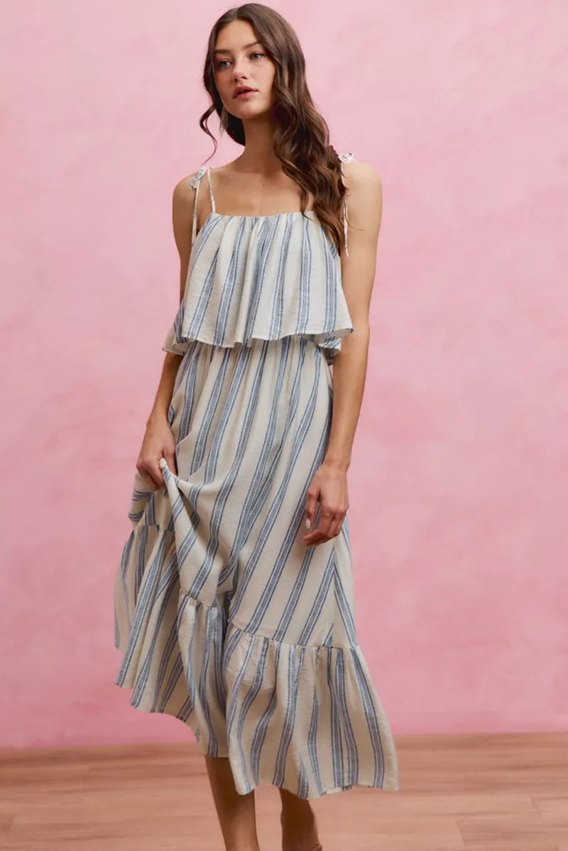 stripe tiered shoulder So Me Stripe Tiered Shoulder Tie Midi Lined Dress view 6 (dress) - shop at us.meeeshop