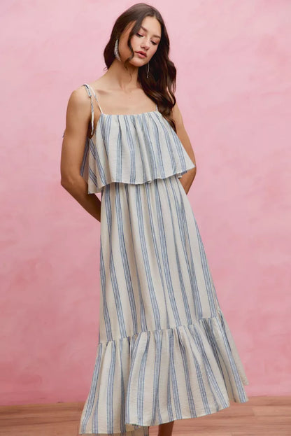 stripe tiered shoulder So Me Stripe Tiered Shoulder Tie Midi Lined Dress view 8 (dress) - shop at us.meeeshop
