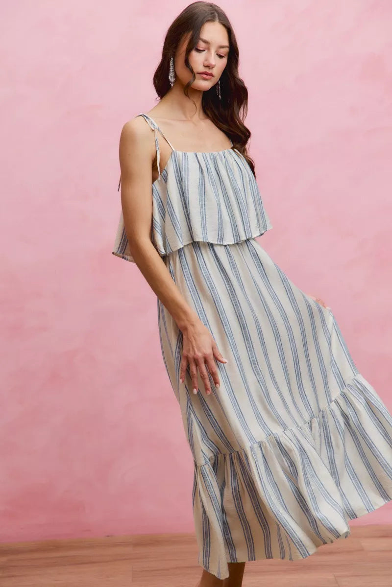 stripe tiered shoulder So Me Stripe Tiered Shoulder Tie Midi Lined Dress view 9 (dress) - shop at us.meeeshop