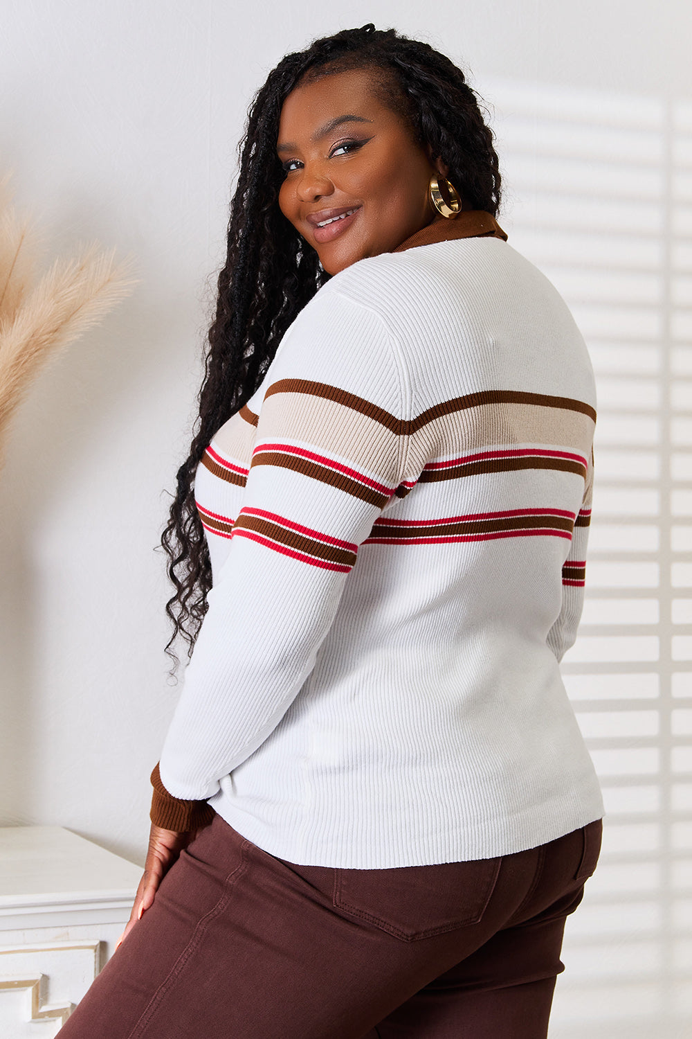Striped Collared Neck Rib-knit Top - MeeeShop Women's Fashion