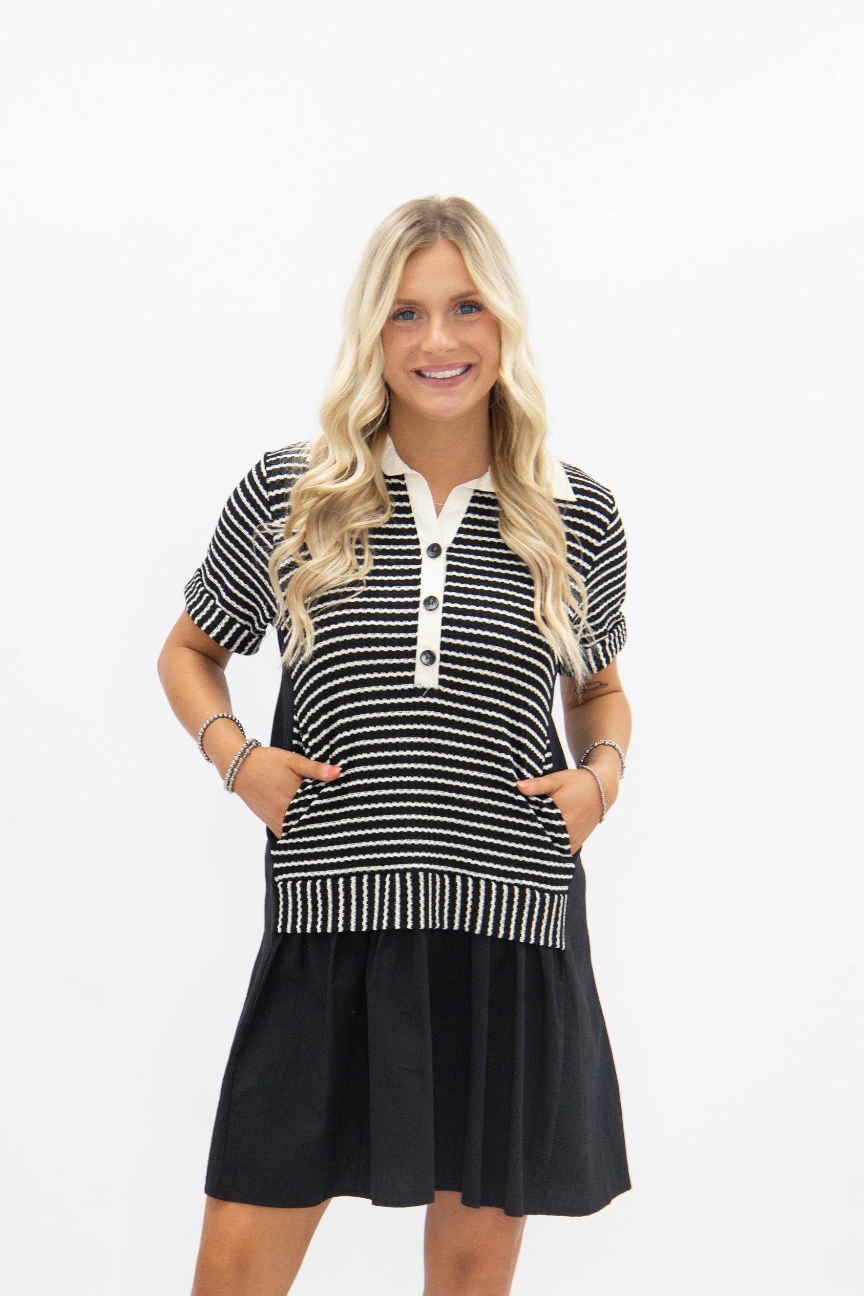 Striped Knit Top with Attached Skirt, Black in Black view 5 - Fall Wardrobe Essential - Striped Knit Top Women