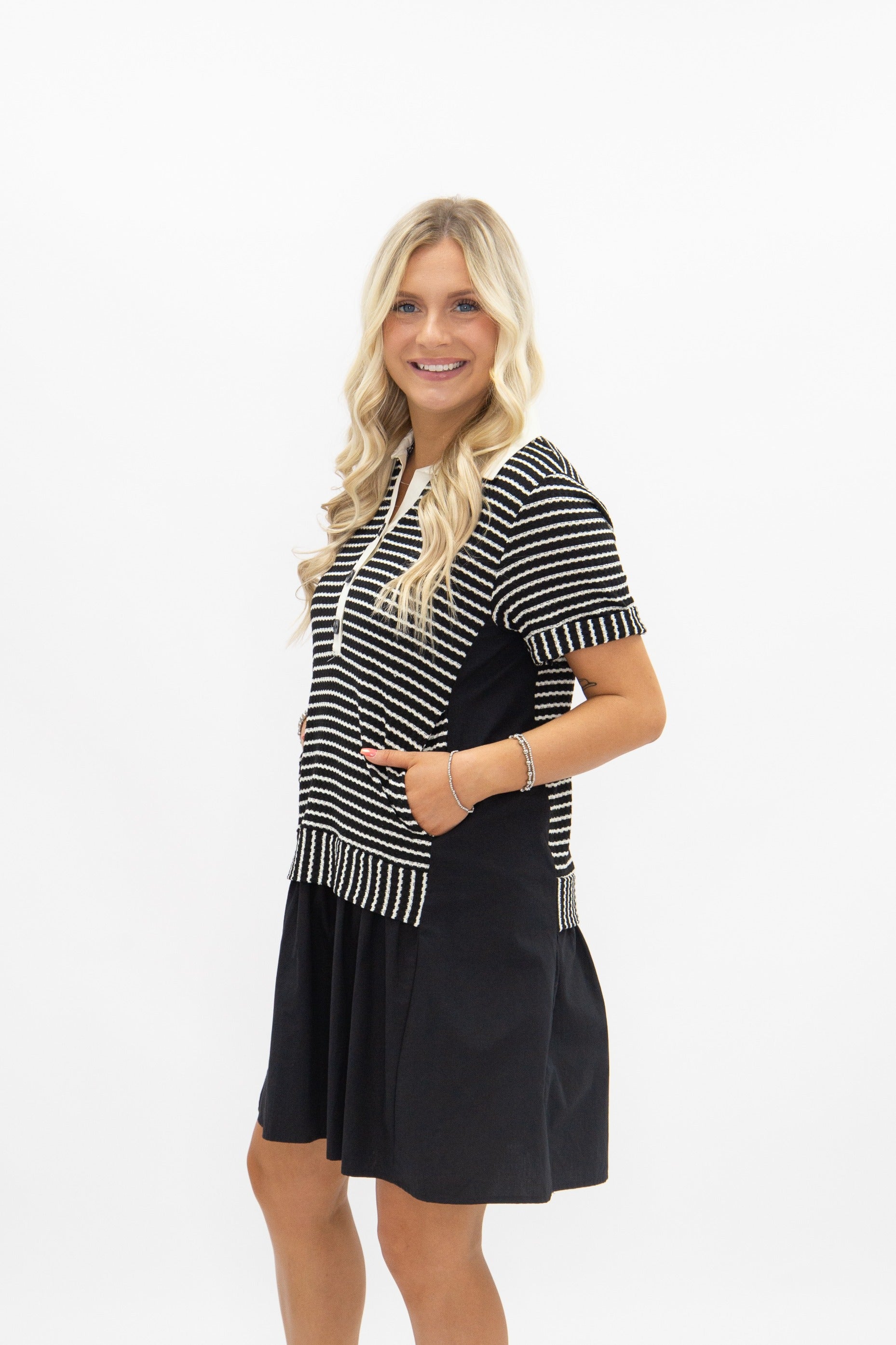 Striped Knit Top with Attached Skirt, Black in Black view 7 - Fall Wardrobe Essential - Striped Knit Top Women