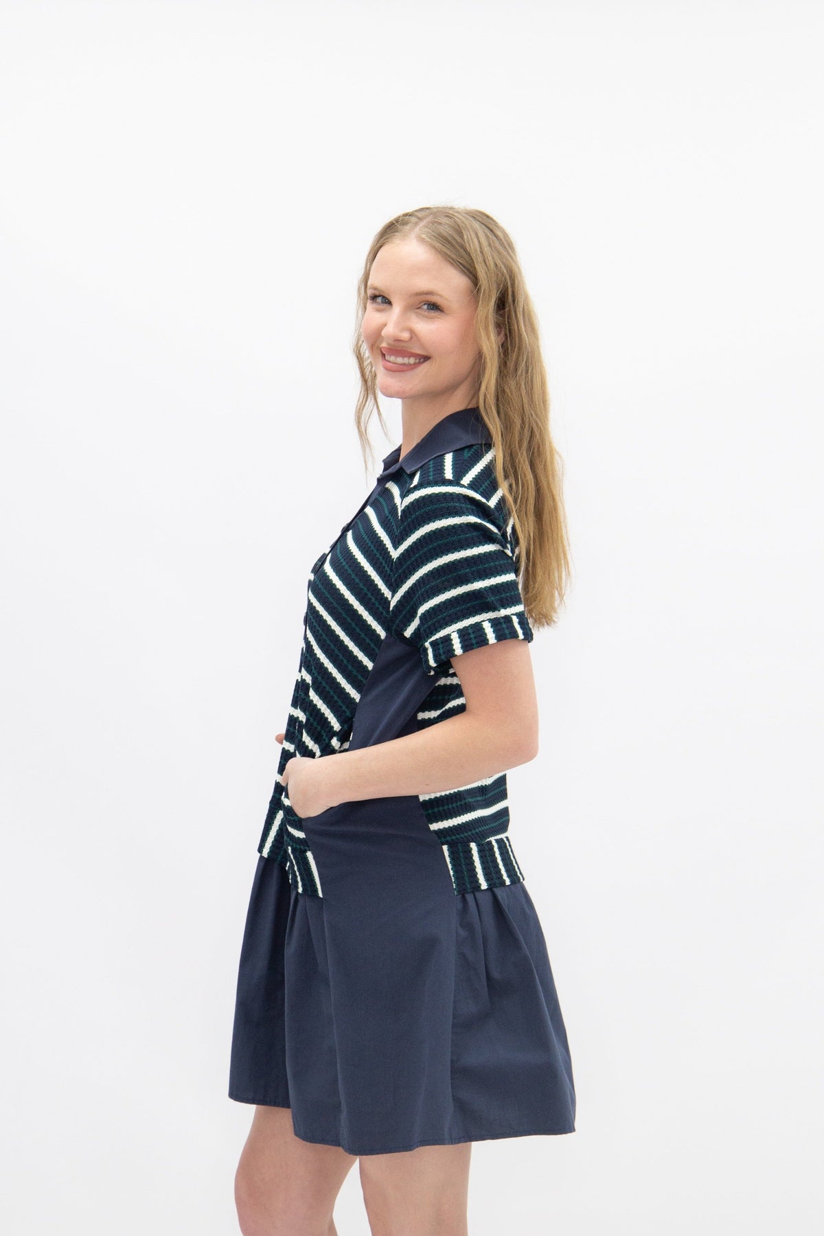Striped Knit Top with Attached Skirt, Navy - MeeeShop Women's Fashion