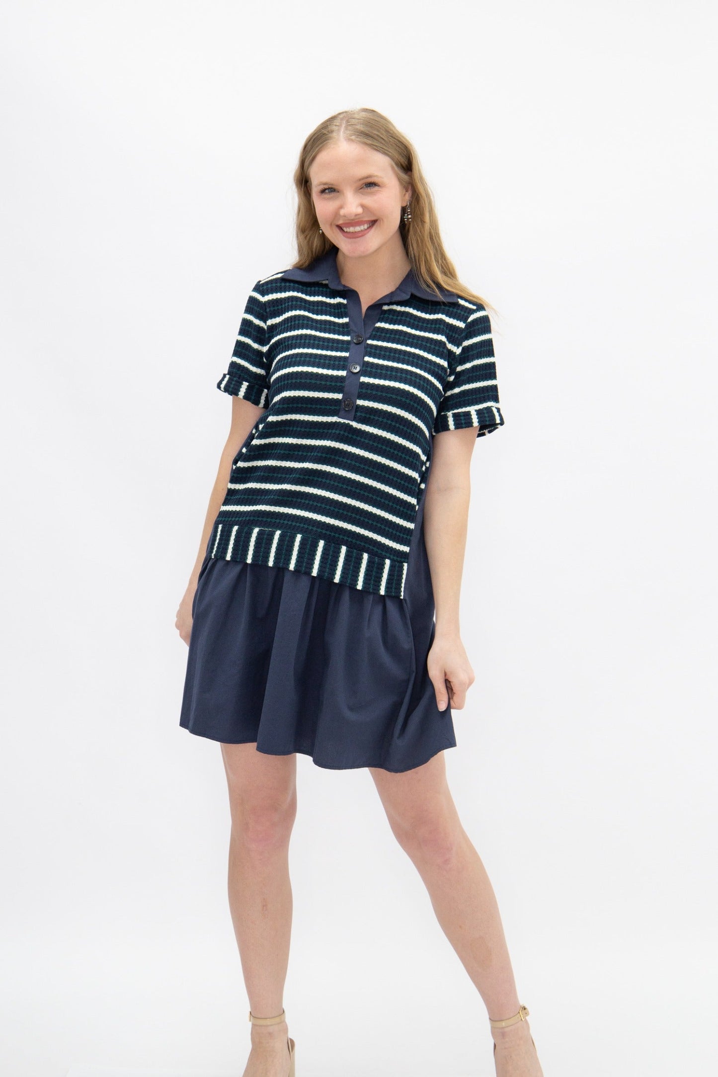 Striped Knit Top with Attached Skirt, Navy in Navy view 6 - Fall Wardrobe Essential - Striped Knit Top Women