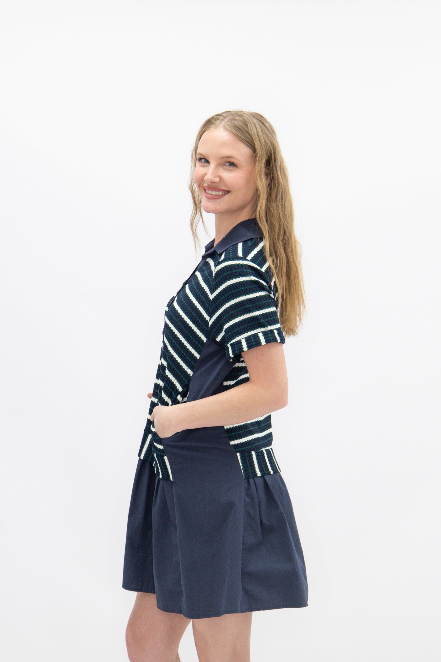Striped Knit Top with Attached Skirt, Navy in Navy view 7 - Fall Wardrobe Essential - Striped Knit Top Women