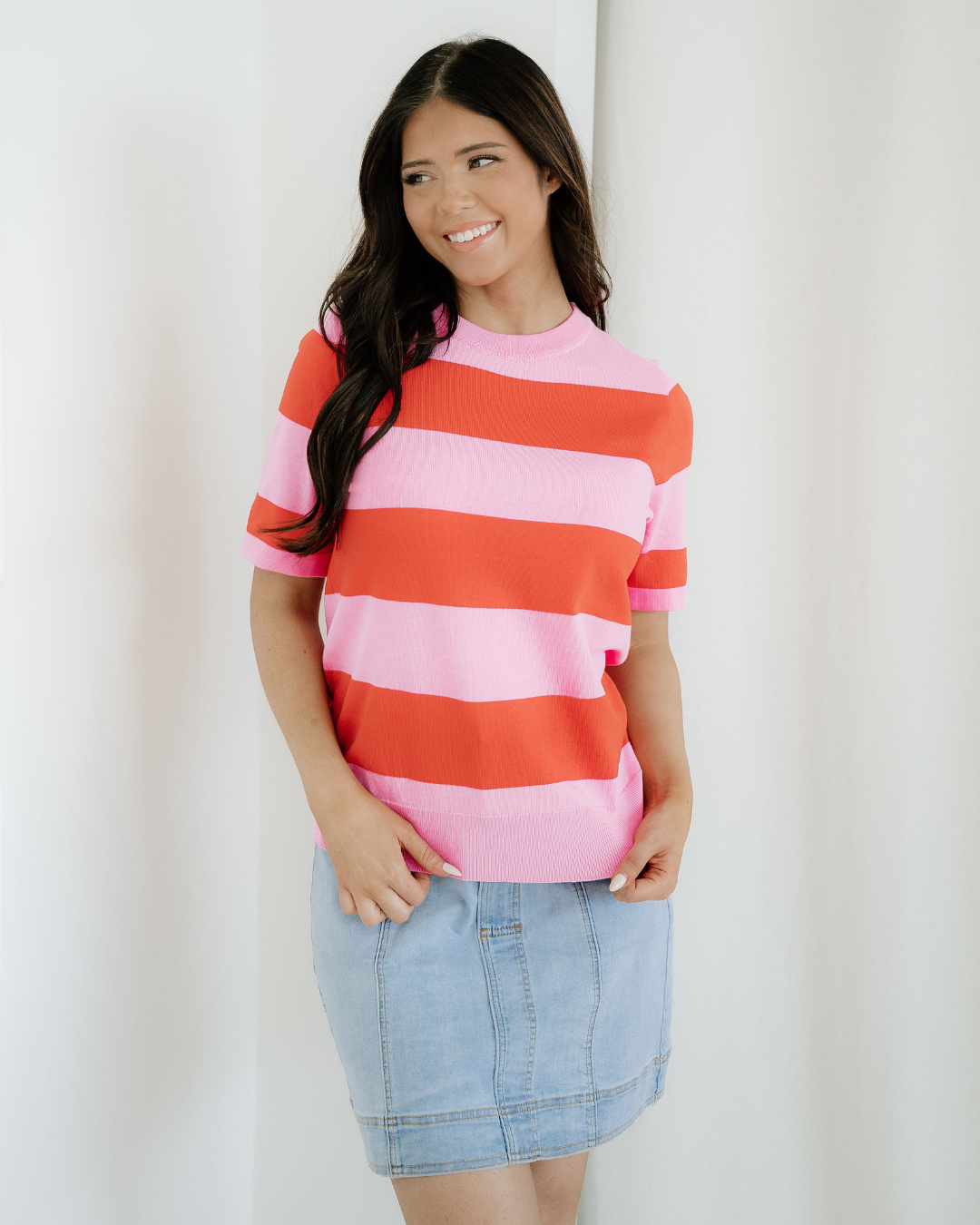 striped knitted sweater Striped Knitted Sweater Tee - Pink view 5 (top) - shop at us.meeeshop