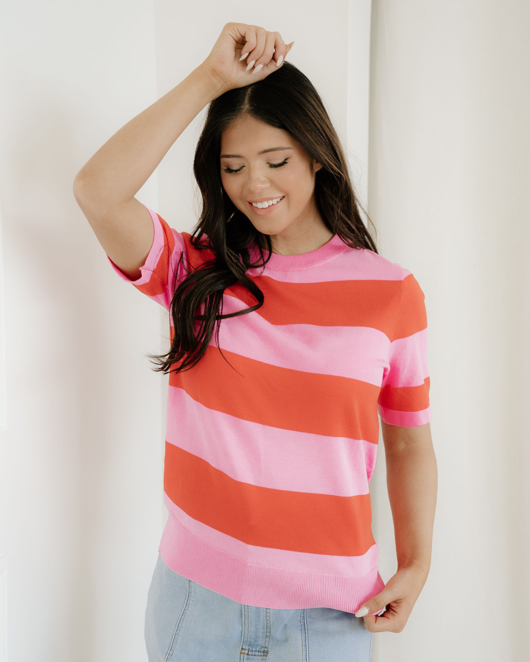 Striped Knitted Sweater Tee - Pink Bright Pink view 3 (top) - striped knitted sweater pattern, striped  - shop at us.meeeshop