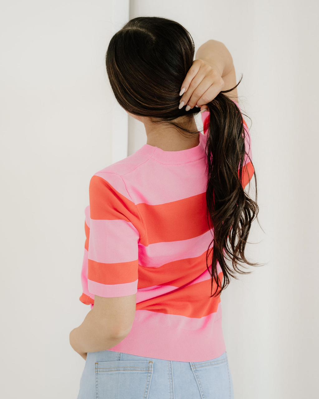 Striped Knitted Sweater Tee - Pink view 7 (top) - striped knitted sweater pattern, striped knitted swea - shop at us.meeeshop