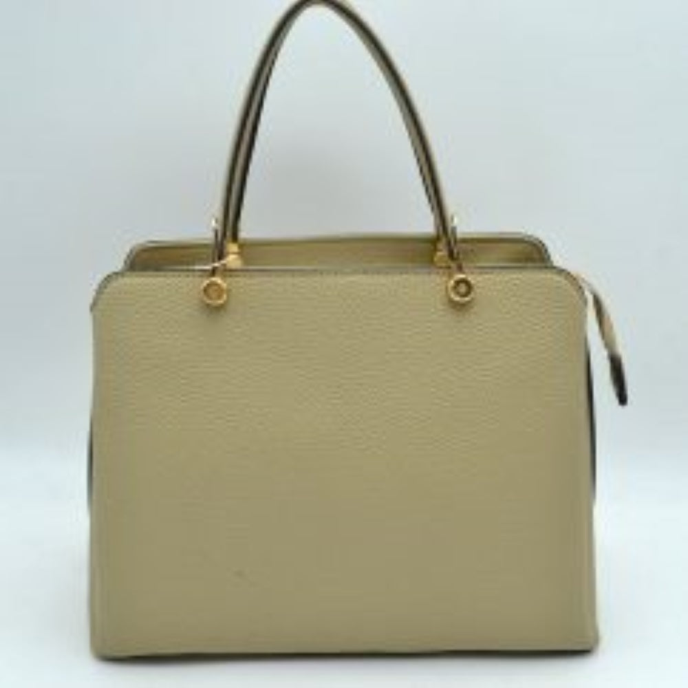 Structured Top Handle Handbag with Zipper Closures in Beige - Structured Top Handle Bag