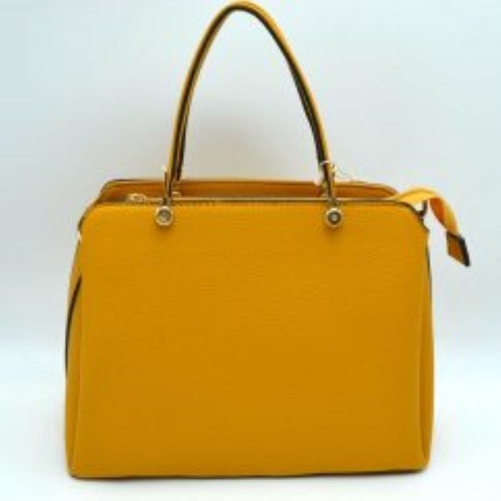 Structured Top Handle Handbag with Zipper Closures in Mustard Yellow view 14 - Structured Top Handle Bag