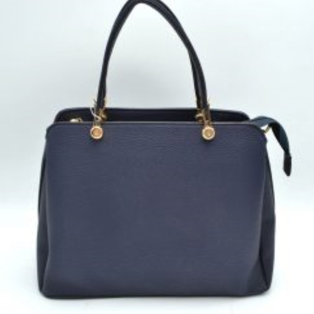 Structured Top Handle Handbag with Zipper Closures in Navy Blue view 15 - Structured Top Handle Bag
