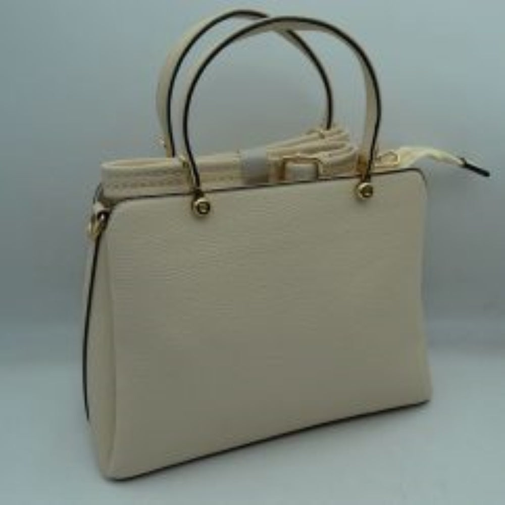 Structured Top Handle Handbag with Zipper Closures in Off White view 16 - Structured Top Handle Bag