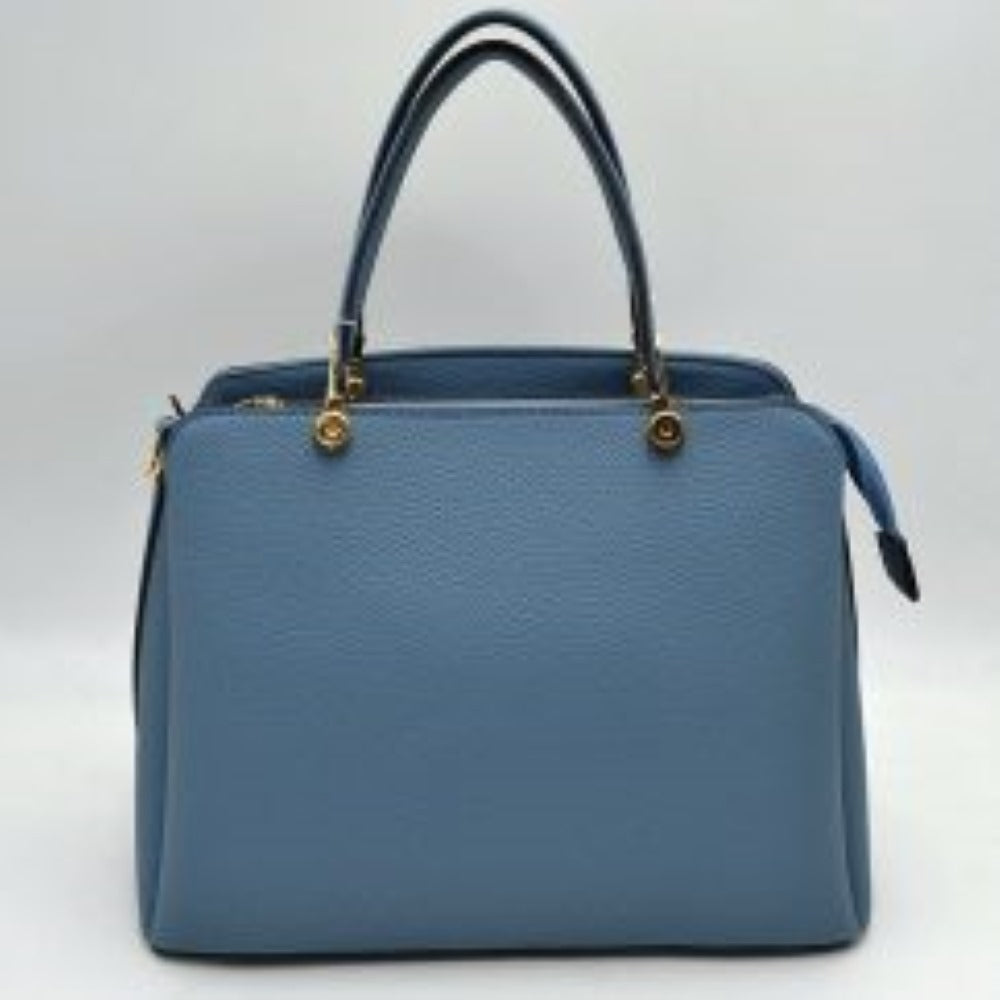 Structured Top Handle Handbag with Zipper Closures in Blue view 3 - Structured Top Handle Bag