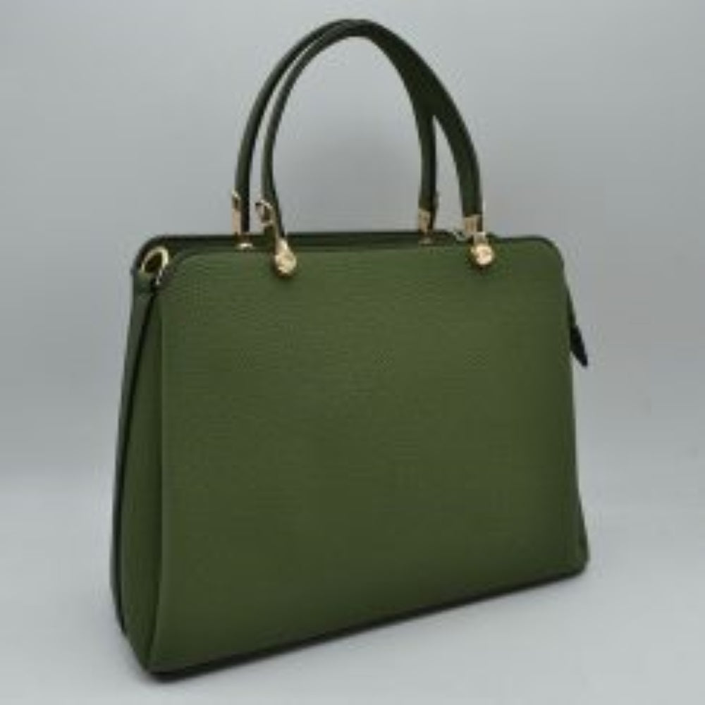 Structured Top Handle Handbag with Zipper Closures in Dark Green view 7 - Structured Top Handle Bag