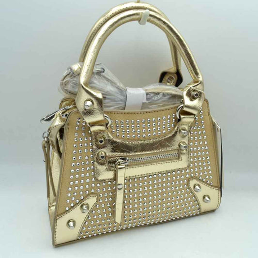 Studded Satchel Handbag with Top Handles and Removable Strap in Gold - Studded Hobo Handbag