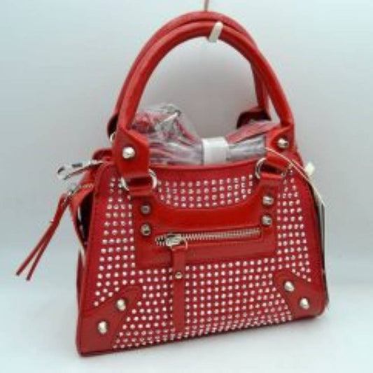 Studded Satchel Handbag with Top Handles and Removable Strap in Red view 2 - Studded Hobo Handbag