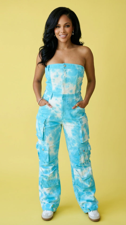 Summer Blue Tie Dye Strapless Utility Jumpsuit in TIE DYE - Summer Outfit Idea - Blue Summer Jumpsuit Women'S (one-piece)
