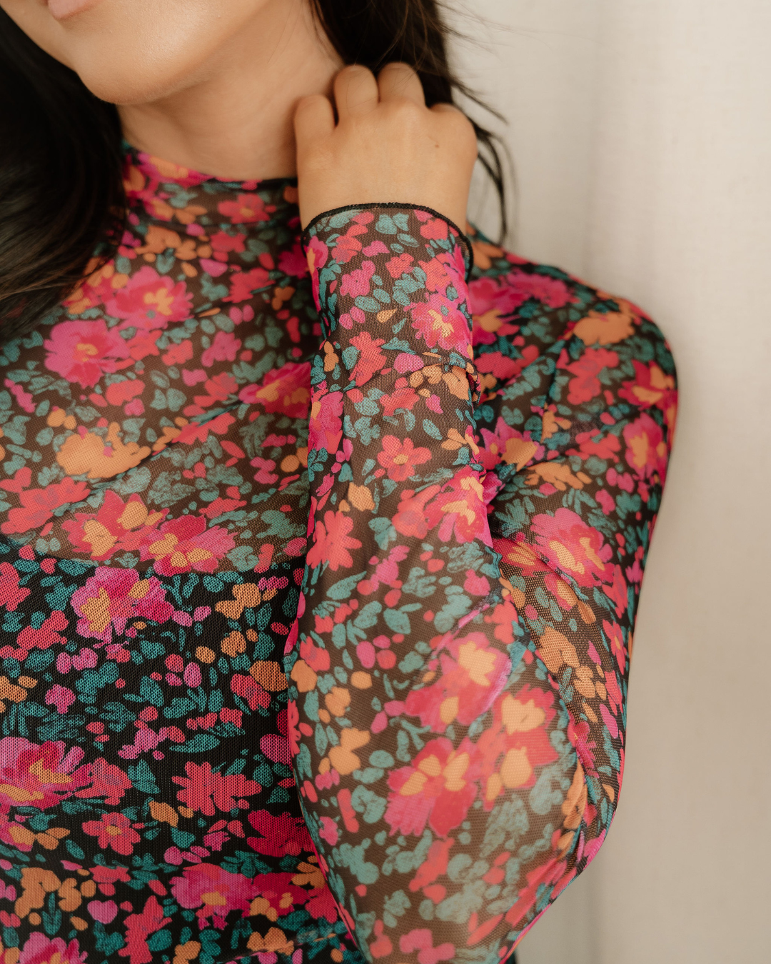 Summer Slim Fit Floral Mesh Long Sleeve Mock Neck Top - Rose Rose view 3 (top) - rose top, mock rose to - shop at us.meeeshop