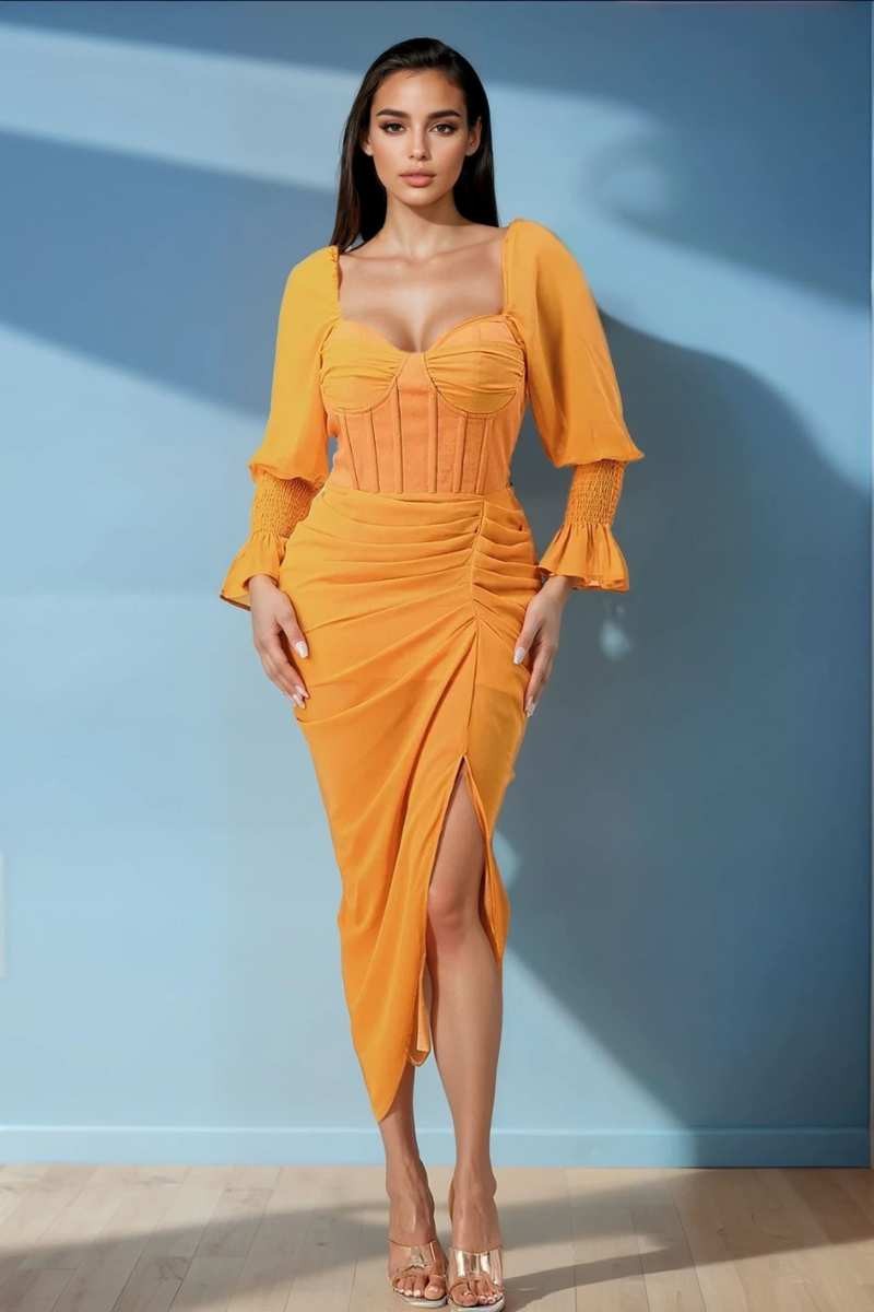 Summer Solid Yellow Long Sleeve Chiffon Dress in Yellow - Summer Outfit Idea - Summer Solid Dresses