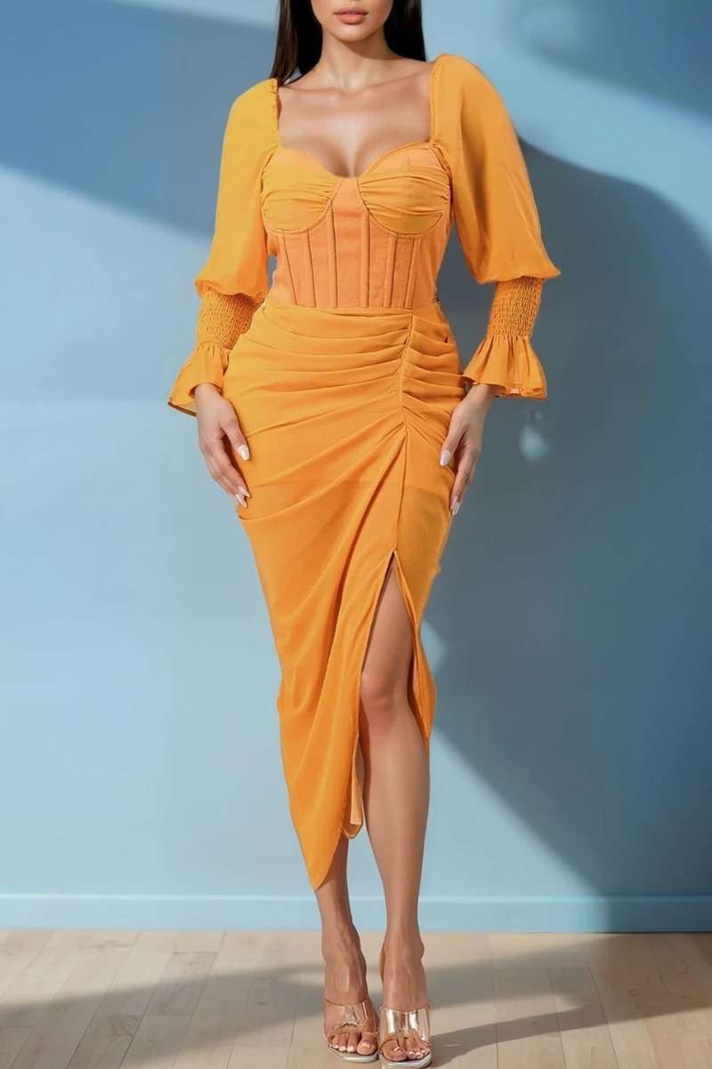 Summer Solid Yellow Long Sleeve Chiffon Dress in Yellow view 2 - Summer Outfit Idea - Summer Solid Dresses