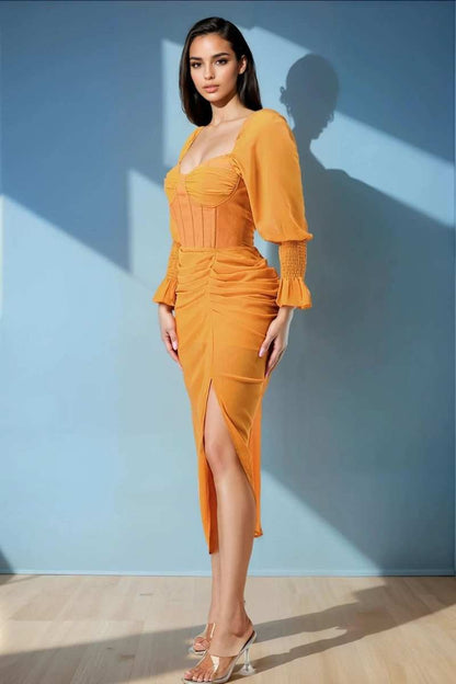 Summer Solid Yellow Long Sleeve Chiffon Dress in Yellow view 3 - Summer Outfit Idea - Summer Solid Dresses