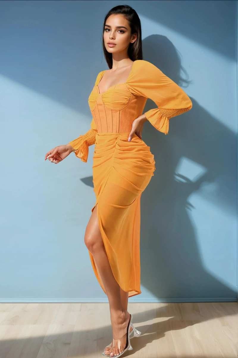 Summer Solid Yellow Long Sleeve Chiffon Dress view 4 - Summer Outfit Idea - Summer Solid Dresses