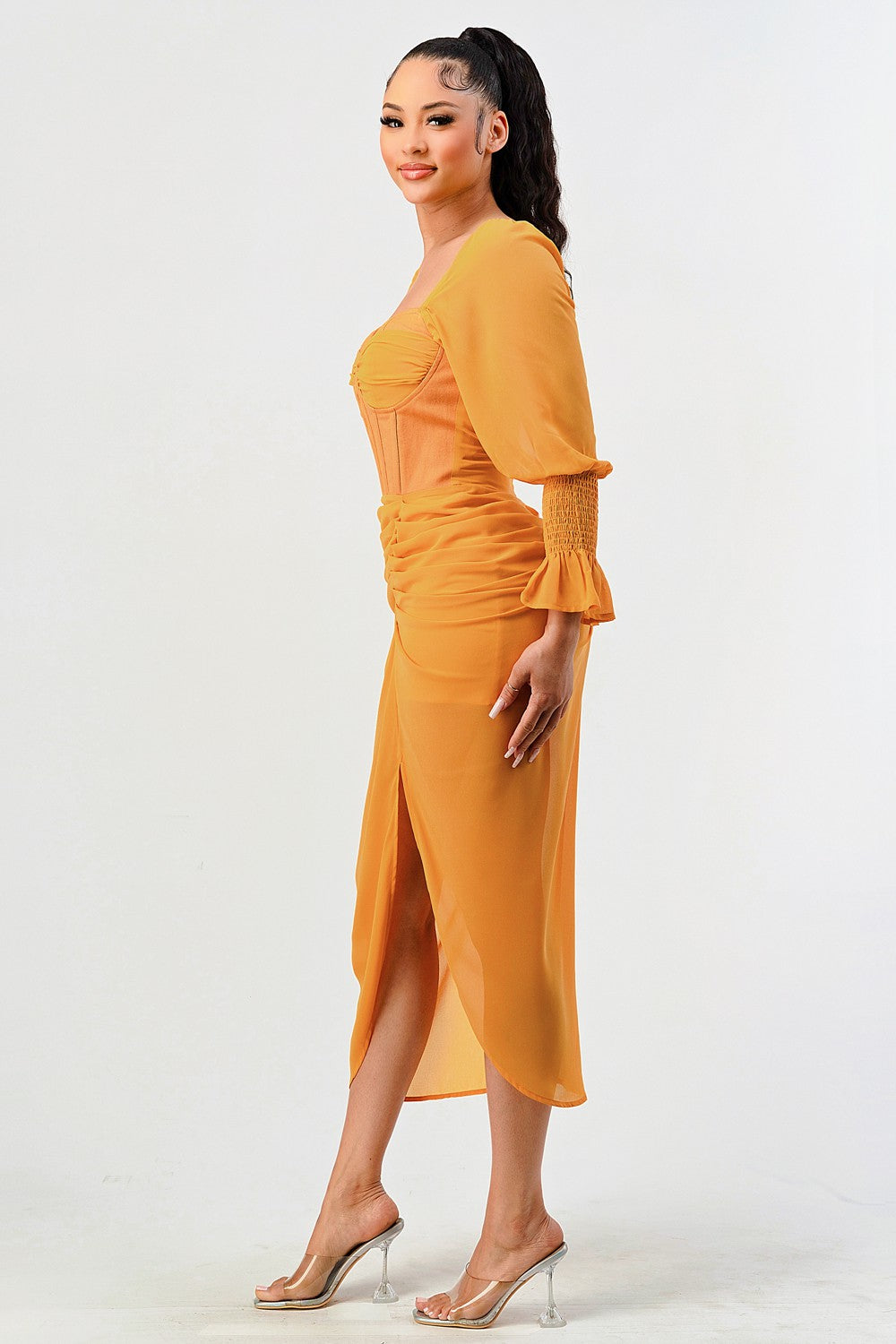 Summer Solid Yellow Long Sleeve Chiffon Dress view 5 - Summer Outfit Idea - Summer Solid Dresses