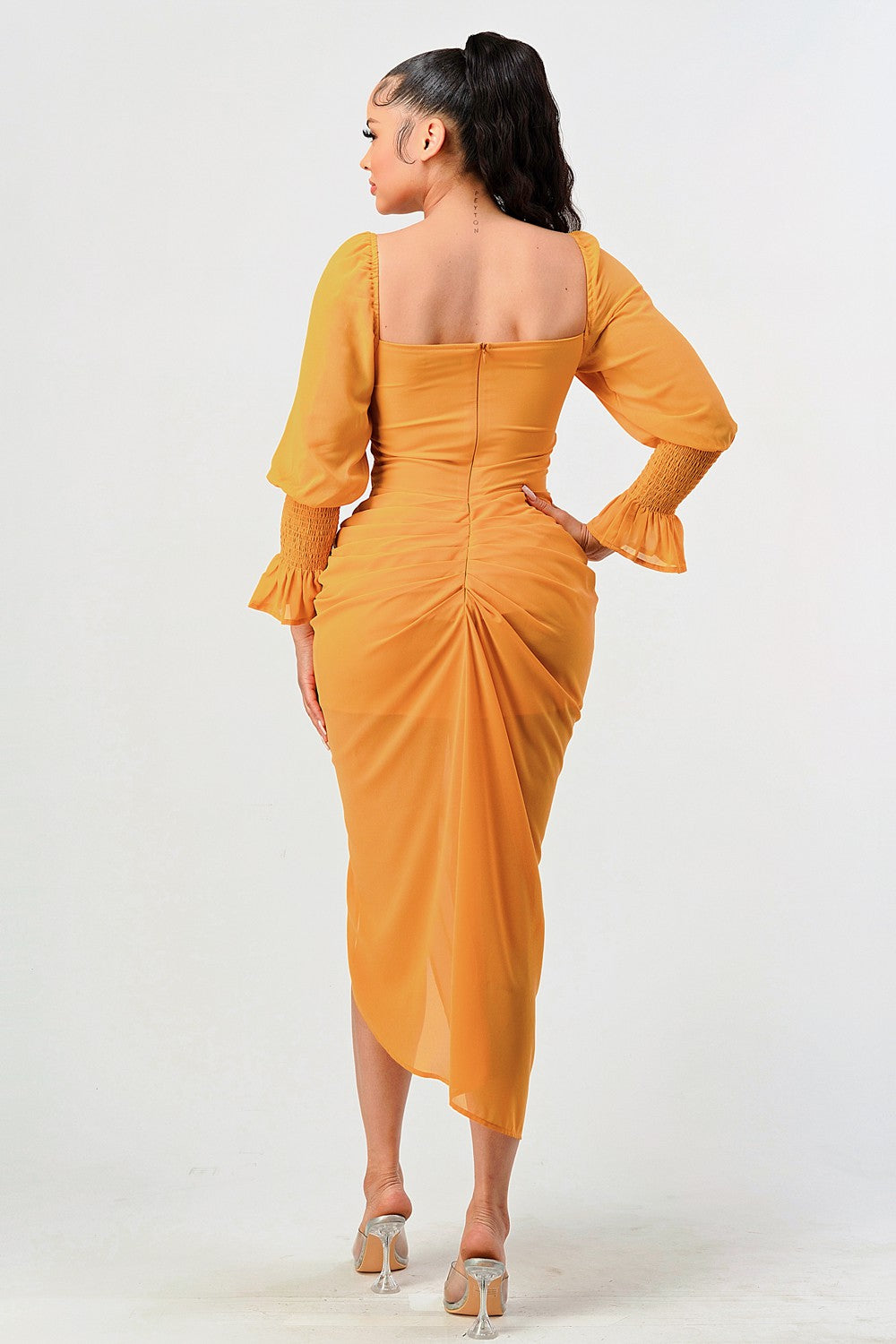 Summer Solid Yellow Long Sleeve Chiffon Dress view 7 - Summer Outfit Idea - Summer Solid Dresses
