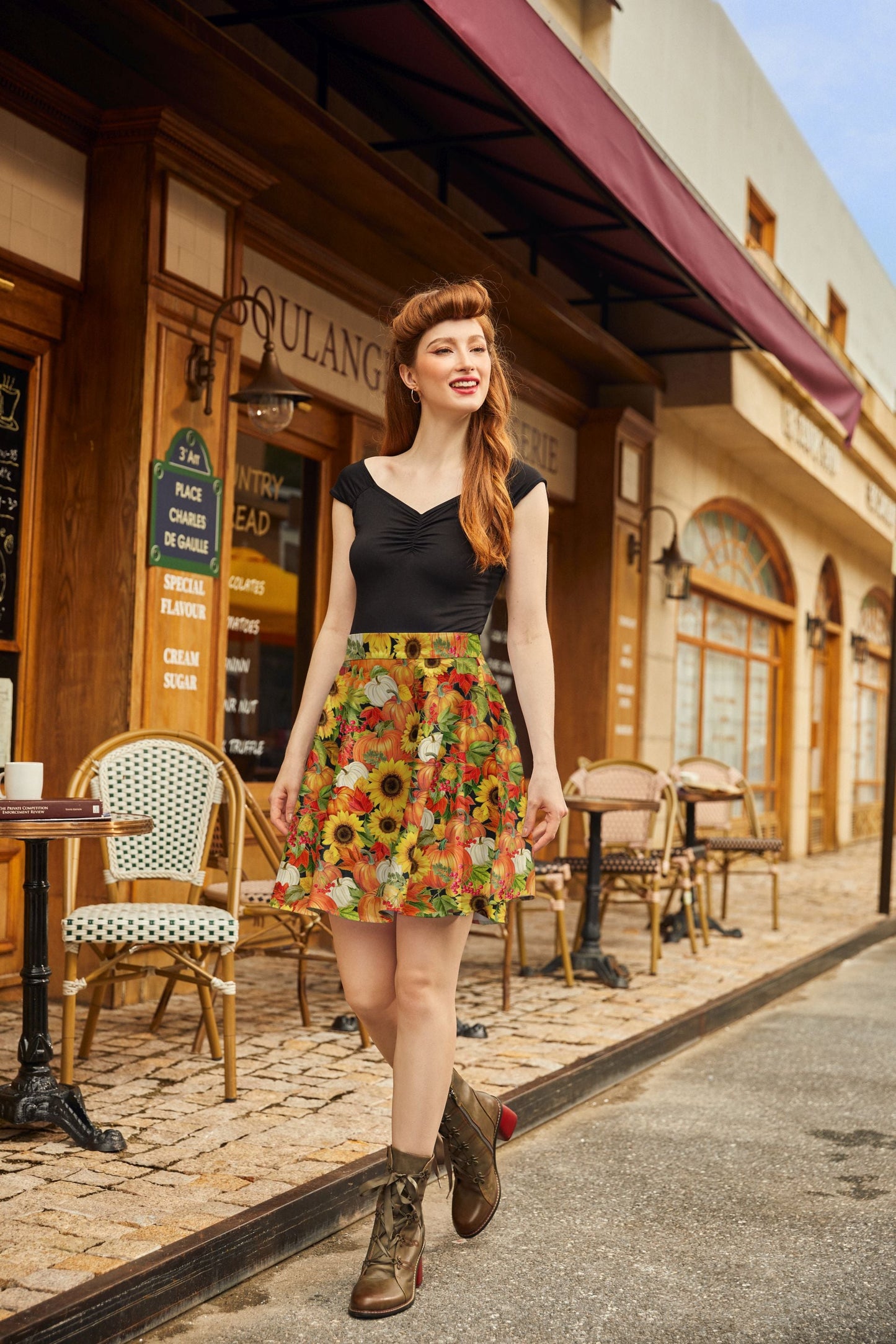 Sunflower & Pumpkin Skater Skirt in L view 4 - Sunflower Pumpkin Shirt