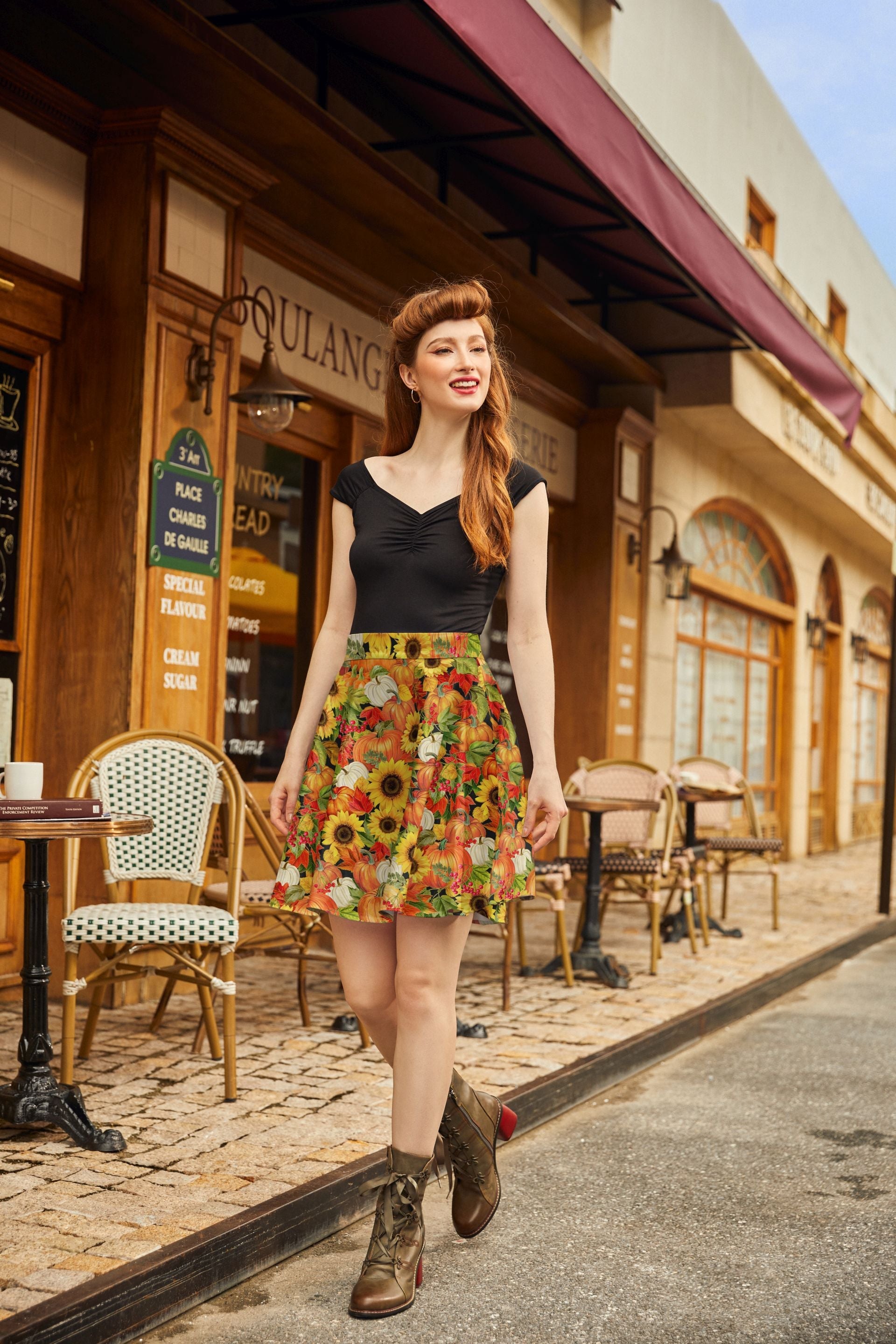 Sunflower & Pumpkin Skater Skirt in L view 4 - Sunflower Pumpkin Shirt