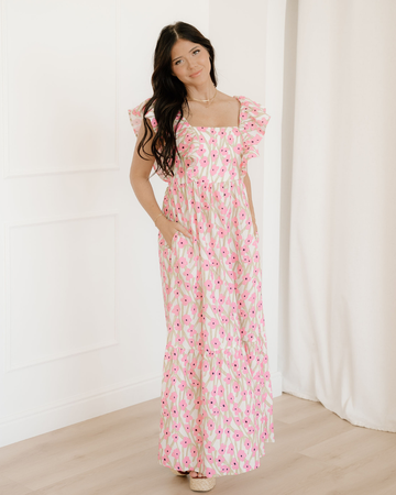 Sunny Floral Print Square Neck Ruffled Strap Maxi Dress in Pink - Sunny Flower Dress