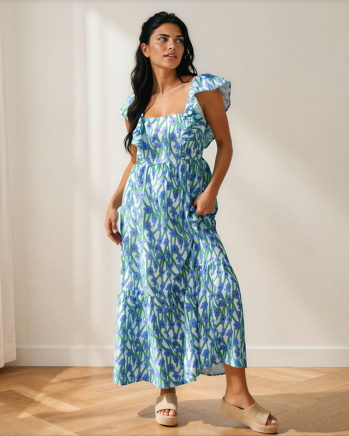 Sunny Floral Print Square Neck Ruffled Strap Maxi Dress in Blue view 9 - Sunny Flower Dress