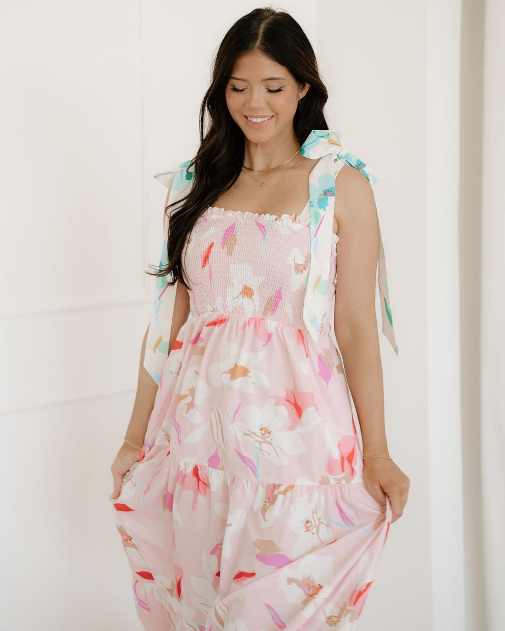 Sunshine Floral Print Knotted Shoulder Smocked Maxi Dress Pink view 3 (dress) - love sunshine floral dr - shop at us.meeeshop