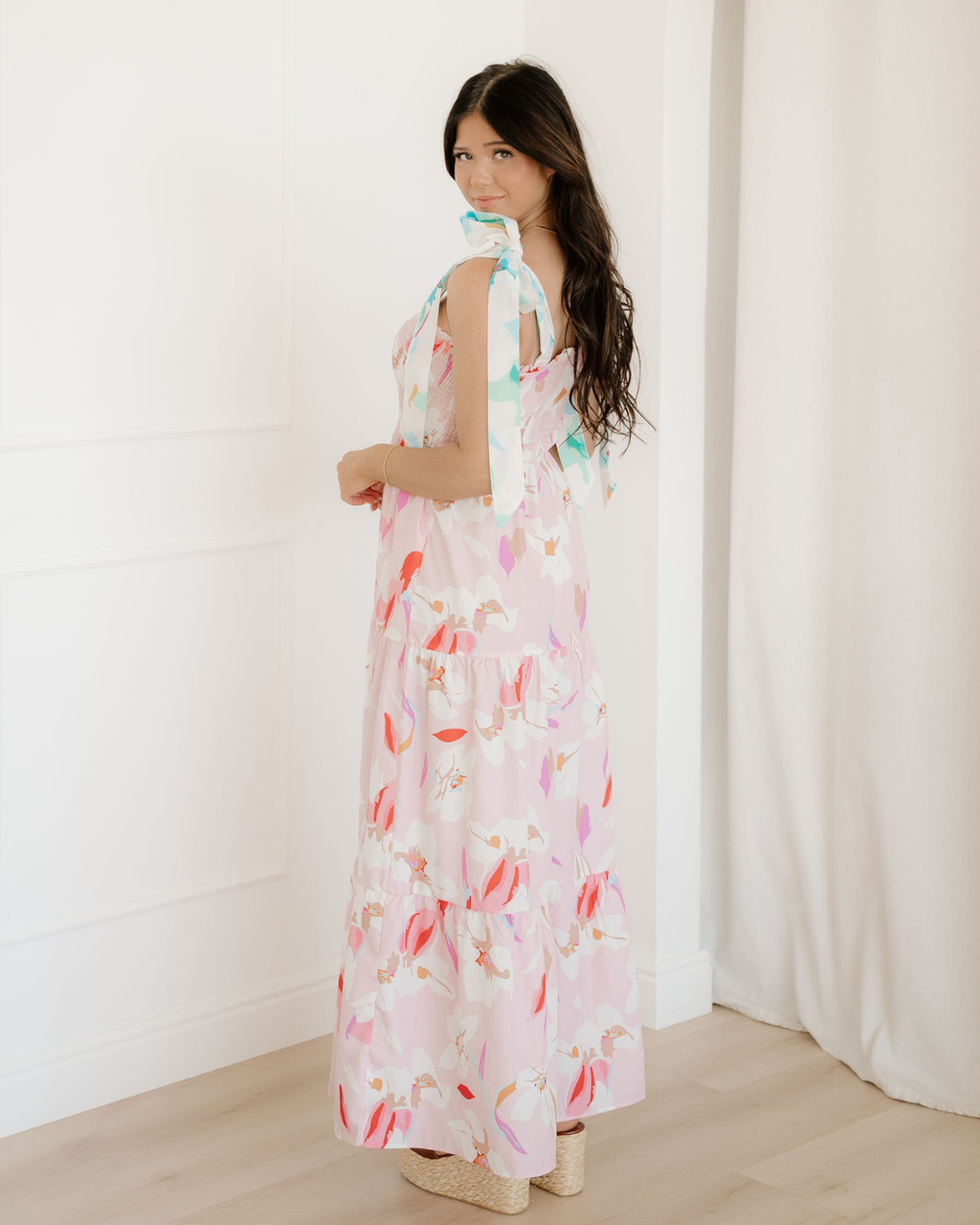 Sunshine Floral Print Knotted Shoulder Smocked Maxi Dress view 7 (dress) - love sunshine floral dress,  - shop at us.meeeshop