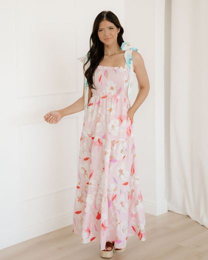 sunshine floral print Sunshine Floral Print Knotted Shoulder Smocked Maxi Dress Pink (dress) - shop at us.meeeshop