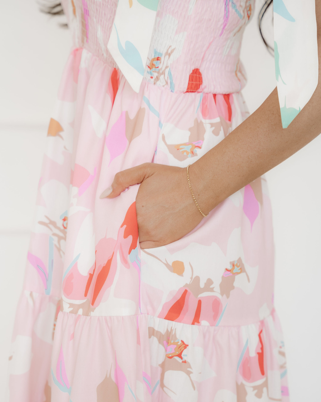 sunshine floral print Sunshine Floral Print Knotted Shoulder Smocked Maxi Dress view 6 (dress) - shop at us.meeeshop