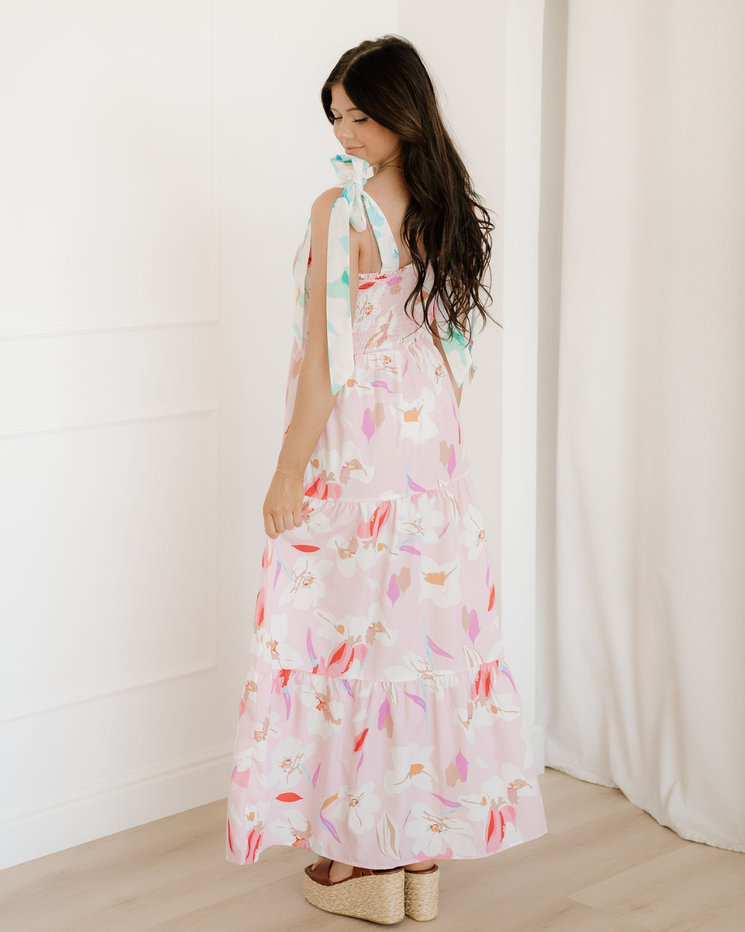 sunshine floral print Sunshine Floral Print Knotted Shoulder Smocked Maxi Dress view 8 (dress) - shop at us.meeeshop