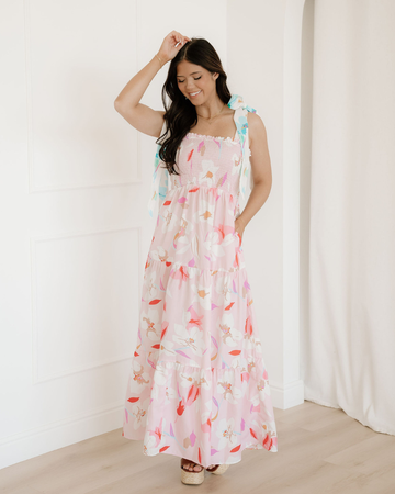 Sunshine Knotted Shoulder Smocked Maxi Dress in S - Sunshine Knotted Gown