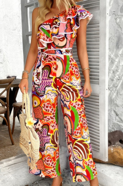 Supreme Fashion Allover Print One Shoulder Ruffle Belt Jumpsuit in Orange - Allover Print Dress Design (one-piece)