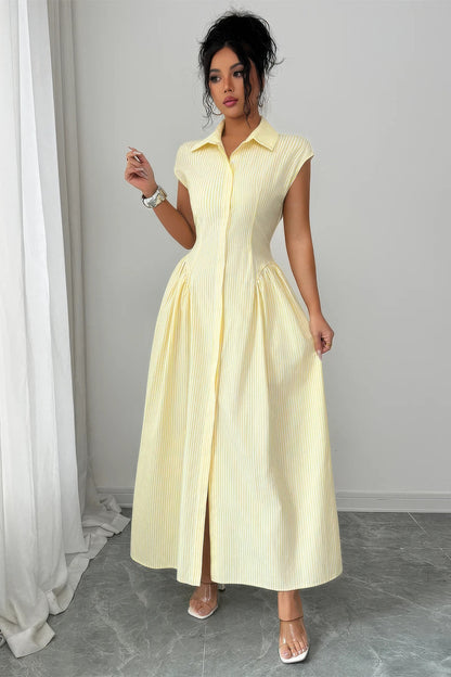 Supreme Fashion Front Slit Collar Cap Sleeve Ruched Waist Long Dress in Yellow view 2 - Slit Neck Dress