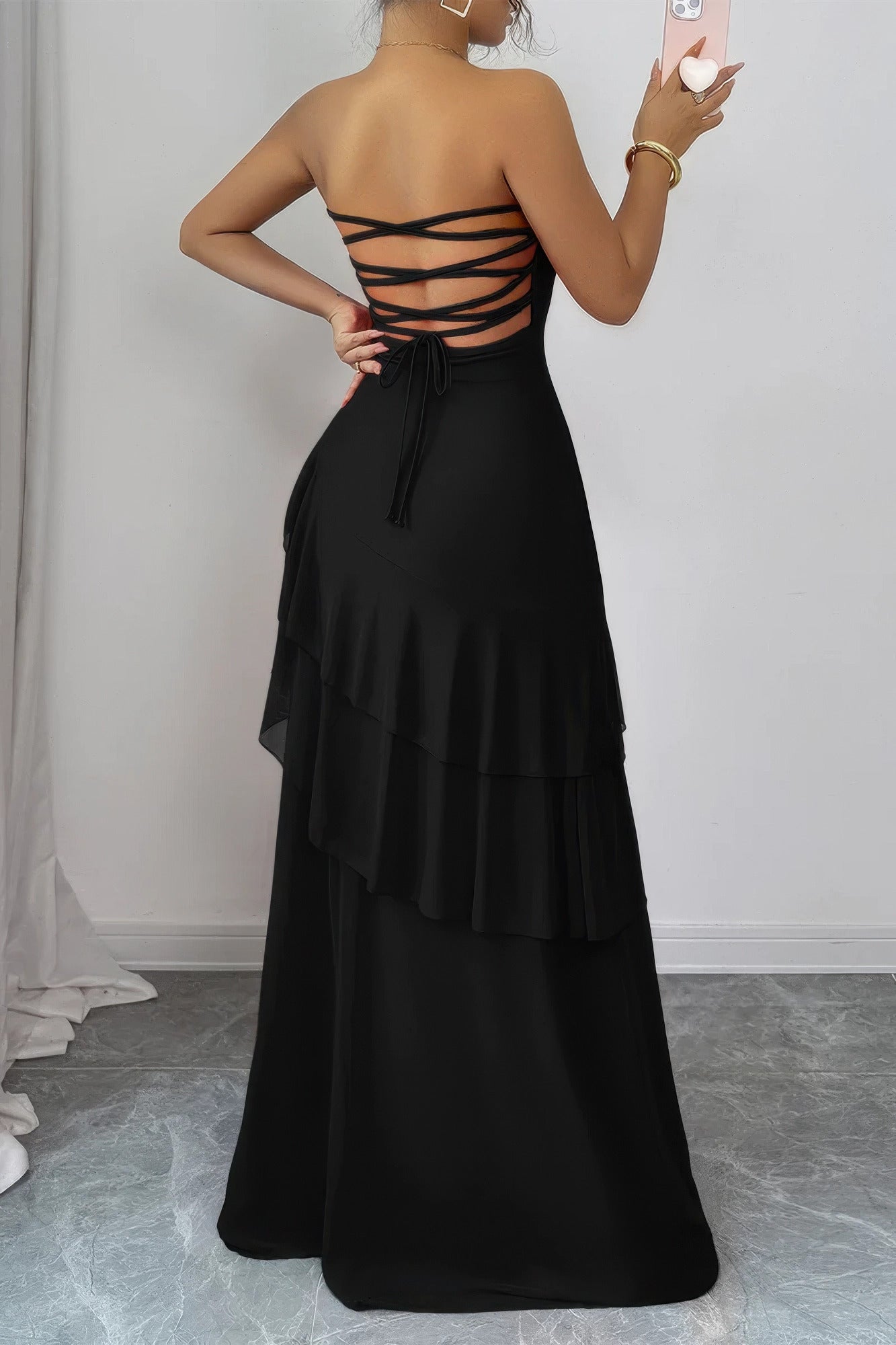 Supreme Fashion Off Shoulder Cross Back High Waist Layer Maxi Dress in Black view 3 - High-Waisted