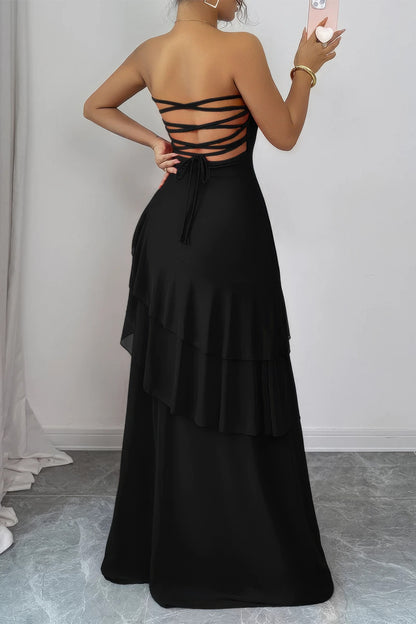 Supreme Fashion Off Shoulder Cross Back High Waist Layer Maxi Dress in Black view 3 - High-Waisted