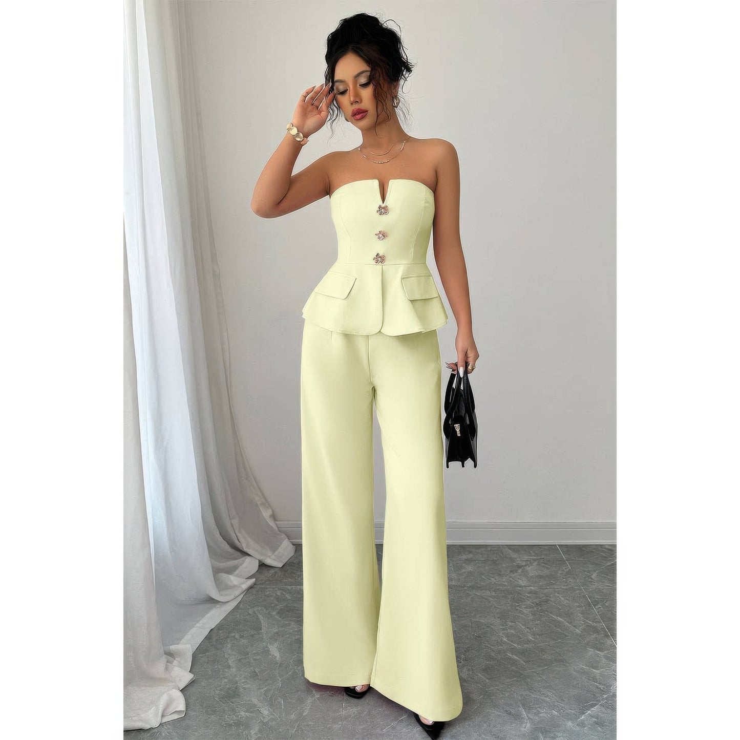 Supreme Fashion Off Shoulder Waist Cinched Wide Leg Sets in Yellow view 3 - Off Shoulder Set Women (one-piece)