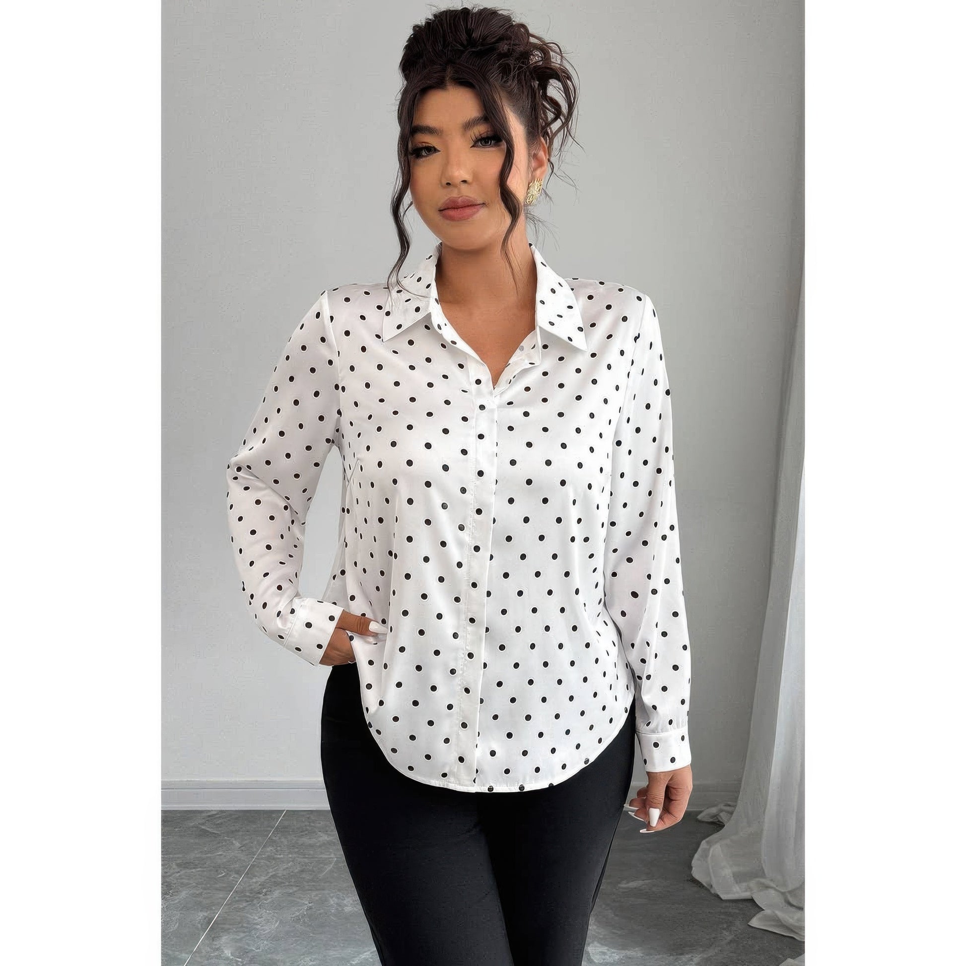 Supreme Fashion plus Size Polka Dot Button up Long Sleeve Shirt in Black Dot view 3 - Curvy Fit - Pol Shirt (top)