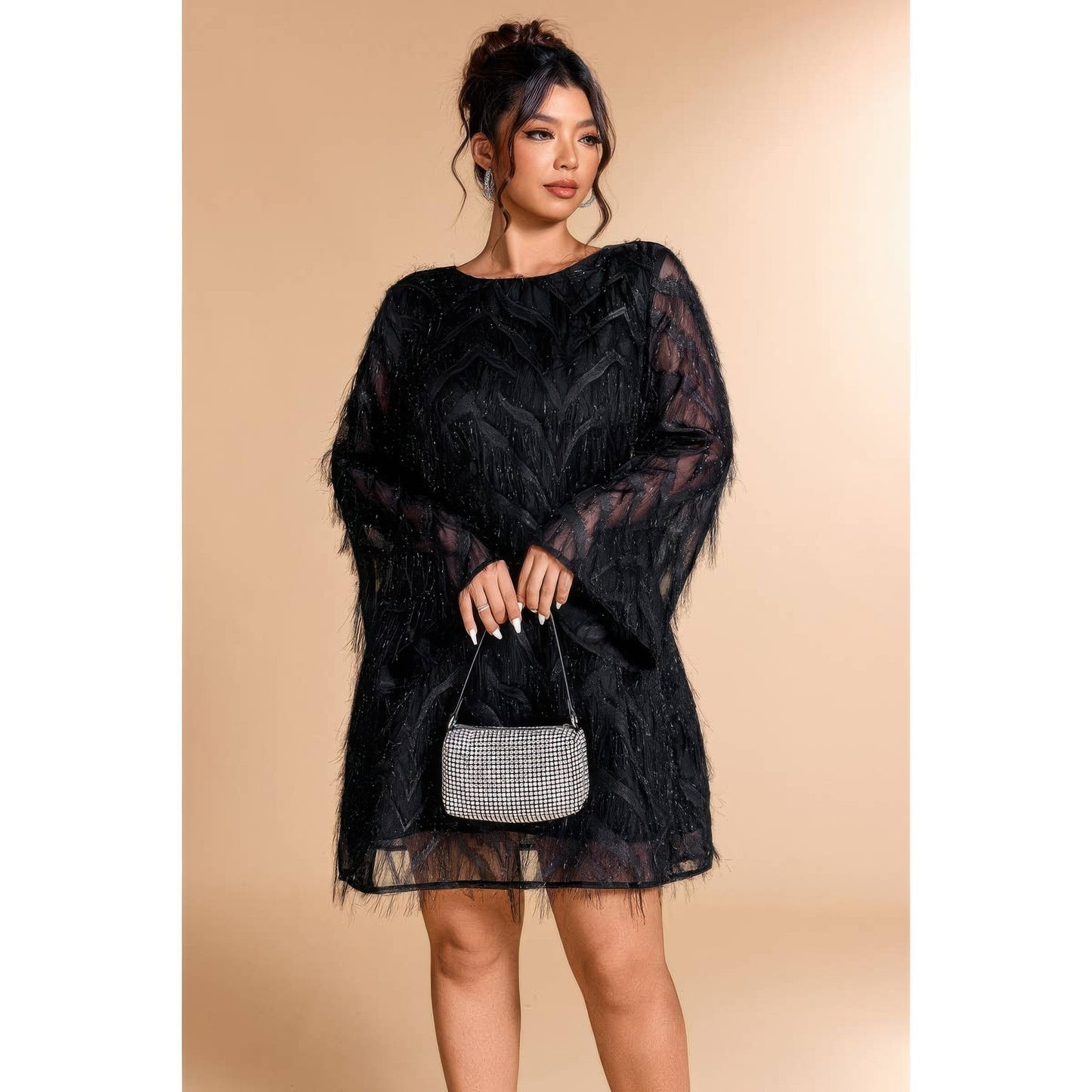 Supreme Fashion plus Size Sequin Fringe Lace Short Dress in Black view 3 - Curvy Fit - Plus Sequin Dress White