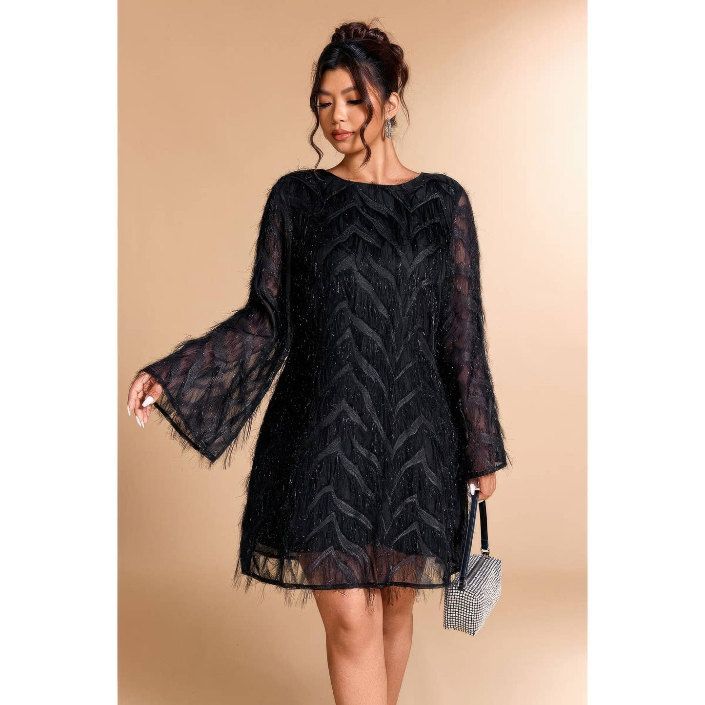 Supreme Fashion plus Size Sequin Fringe Lace Short Dress in Black view 4 - Curvy Fit - Plus Sequin Dress White
