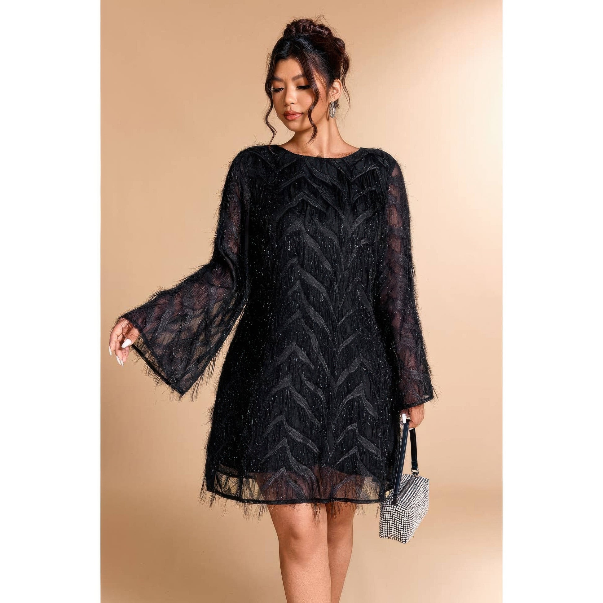 Supreme Fashion plus Size Sequin Fringe Lace Short Dress in Black view 4 - Curvy Fit - Plus Sequin Dress White