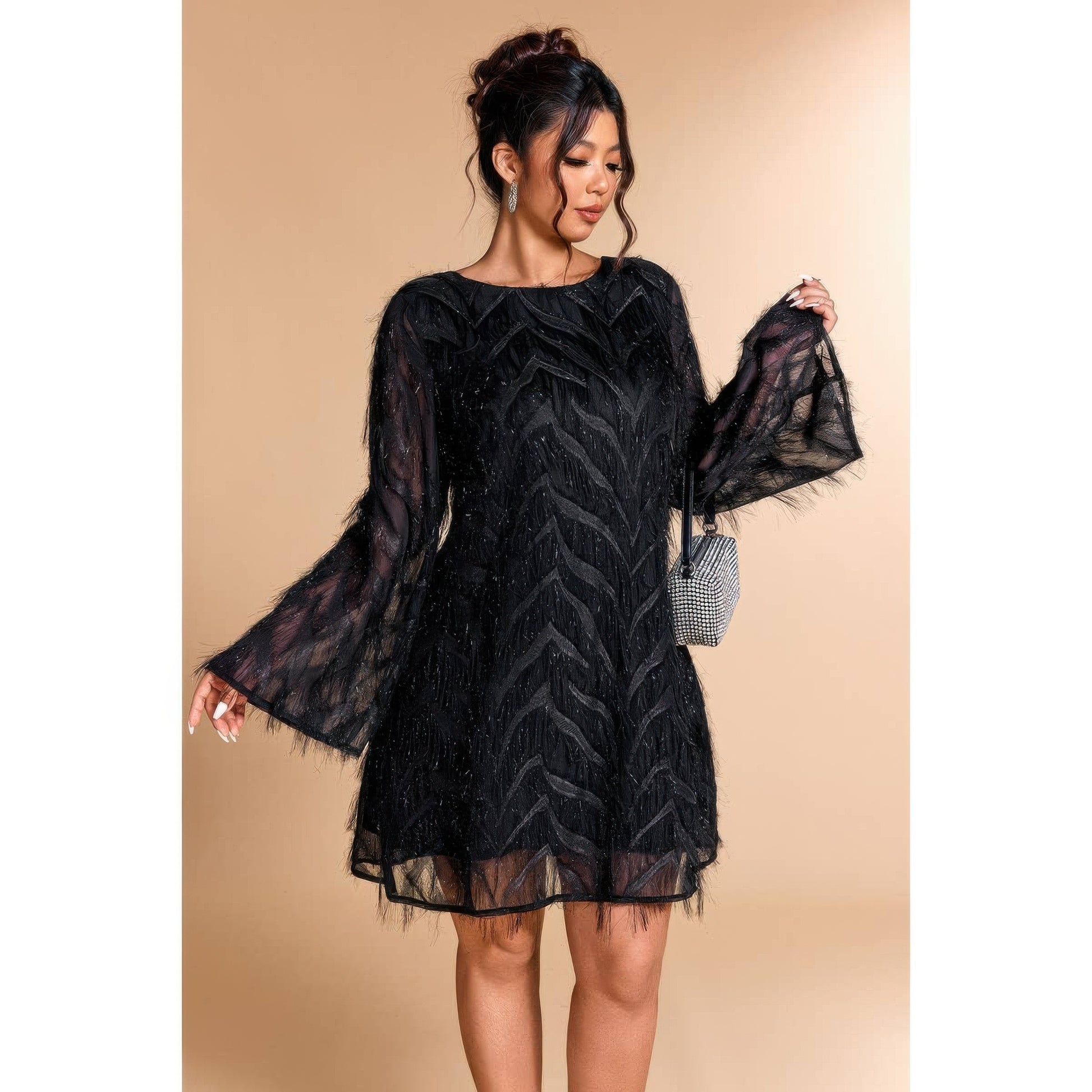 Supreme Fashion plus Size Sequin Fringe Lace Short Dress in Black view 5 - Curvy Fit - Plus Sequin Dress White