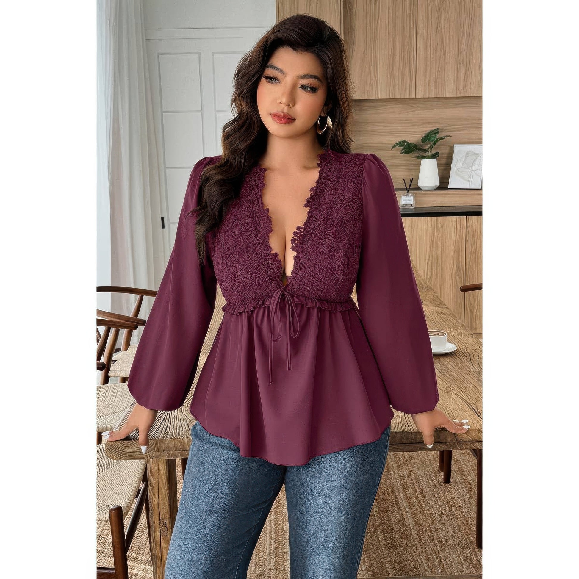 Supreme Fashion plus Size Solid V Neck Lace Patchwork Shirt in Wine view 3 - Curvy Fit - Plus Size Solid Shirts