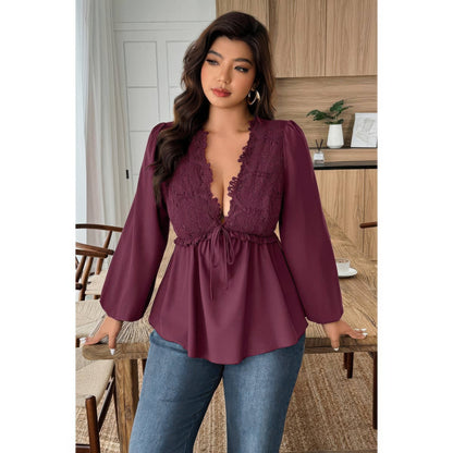 Supreme Fashion plus Size Solid V Neck Lace Patchwork Shirt in Wine view 3 - Curvy Fit - Plus Size Solid Shirts